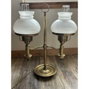 Vintage Brass Double Victorian Style Student Lamp White Glass Hurricane Shade